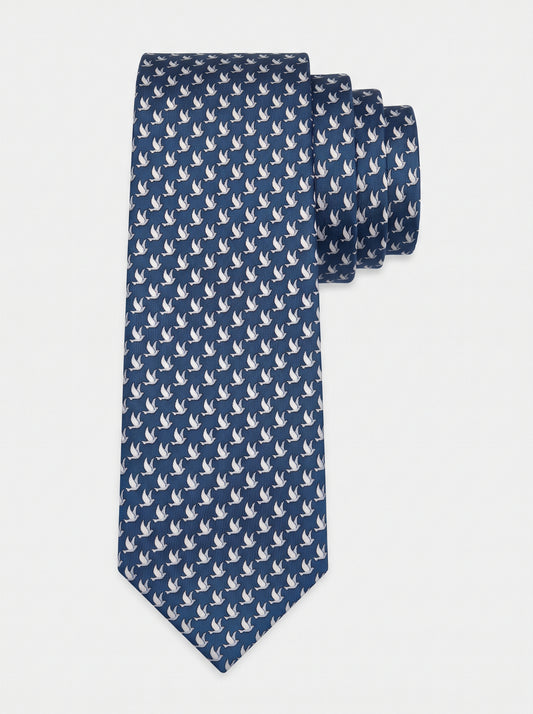 Corbata de seda azul con palomas estampadas, colección Manada de Mr Tie