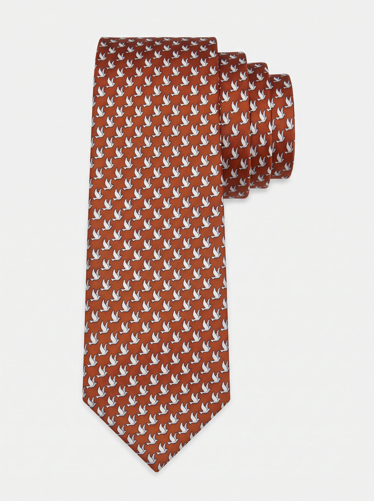 Corbata de seda naranja con palomas estampadas, colección Manada de Mr Tie