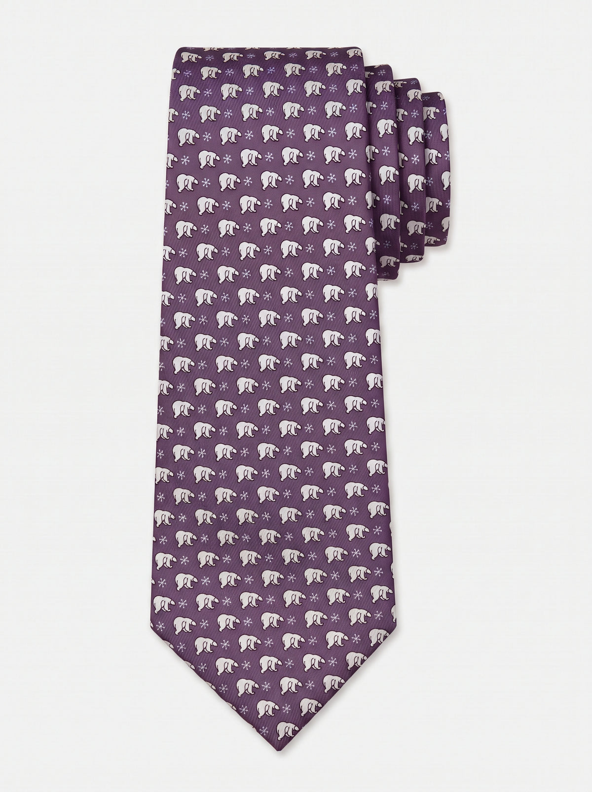 Corbata de seda morada con osos polares estampados, colección Manada de Mr Tie