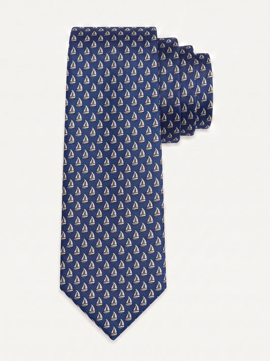 Corbata de seda azul con veleros estampados, colección Manada de Mr Tie