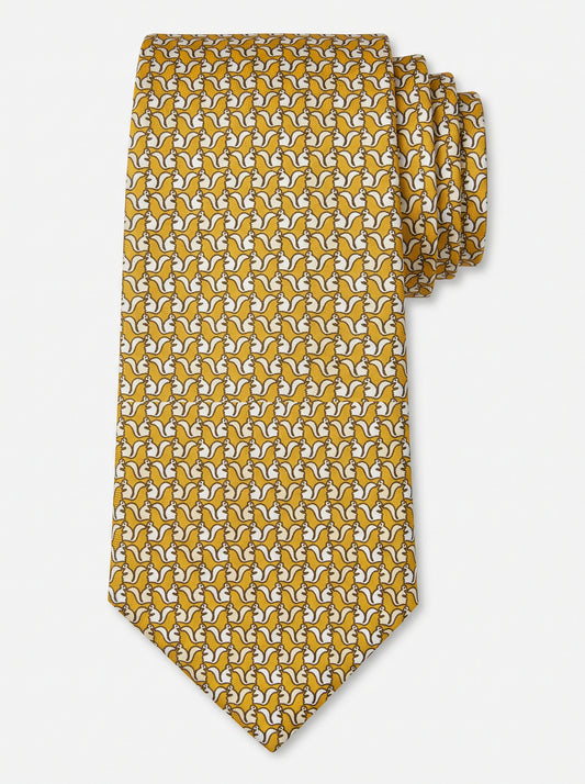 Corbata de seda amarilla con ardillas estampadas, colección Manada de Mr Tie