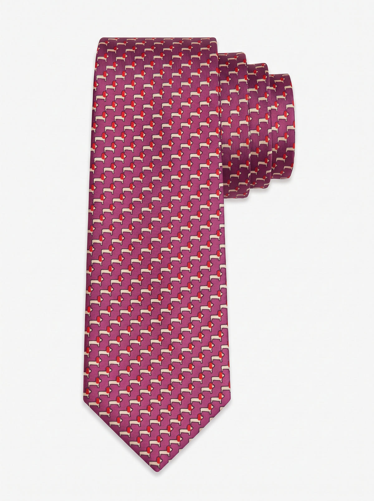 Corbata de seda rosada con perros salchicha estampados, colección Manada de Mr Tie