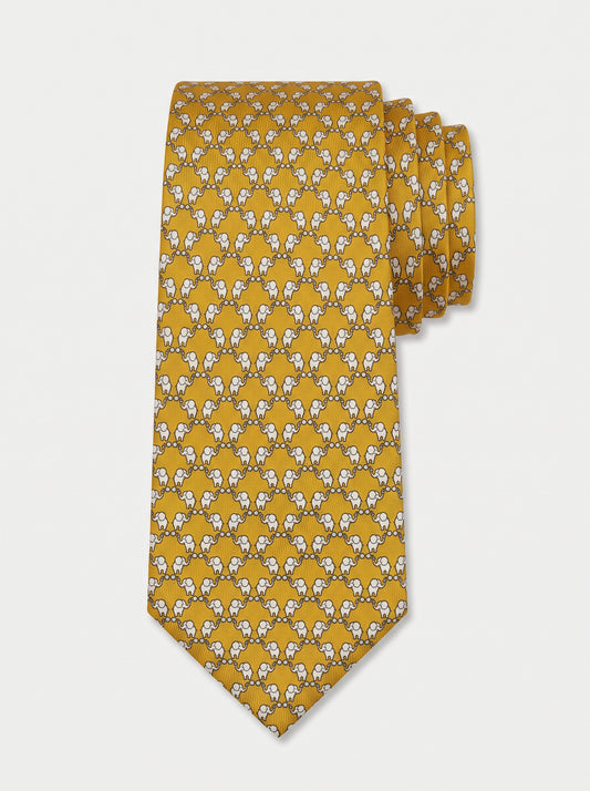 Corbata de seda amarilla con elefantes estampados, colección Manada de Mr Tie