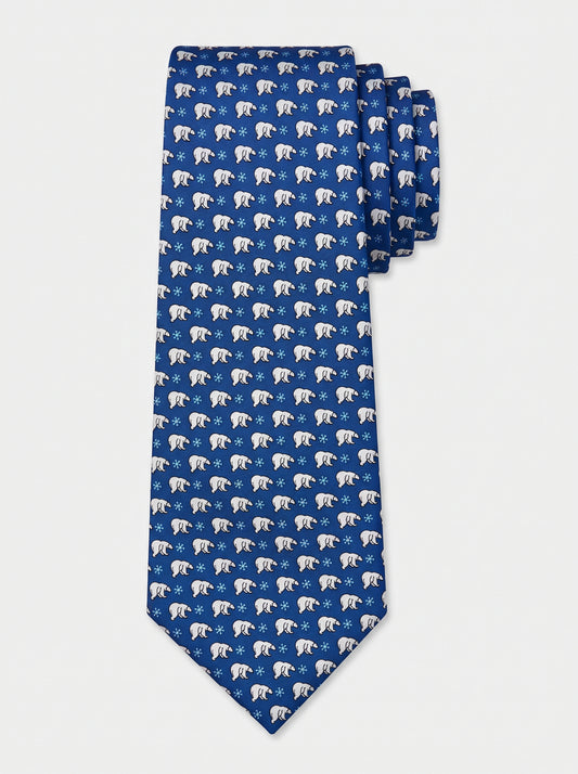 Corbata de seda azul con osos polares estampados, colección Manada de Mr Tie