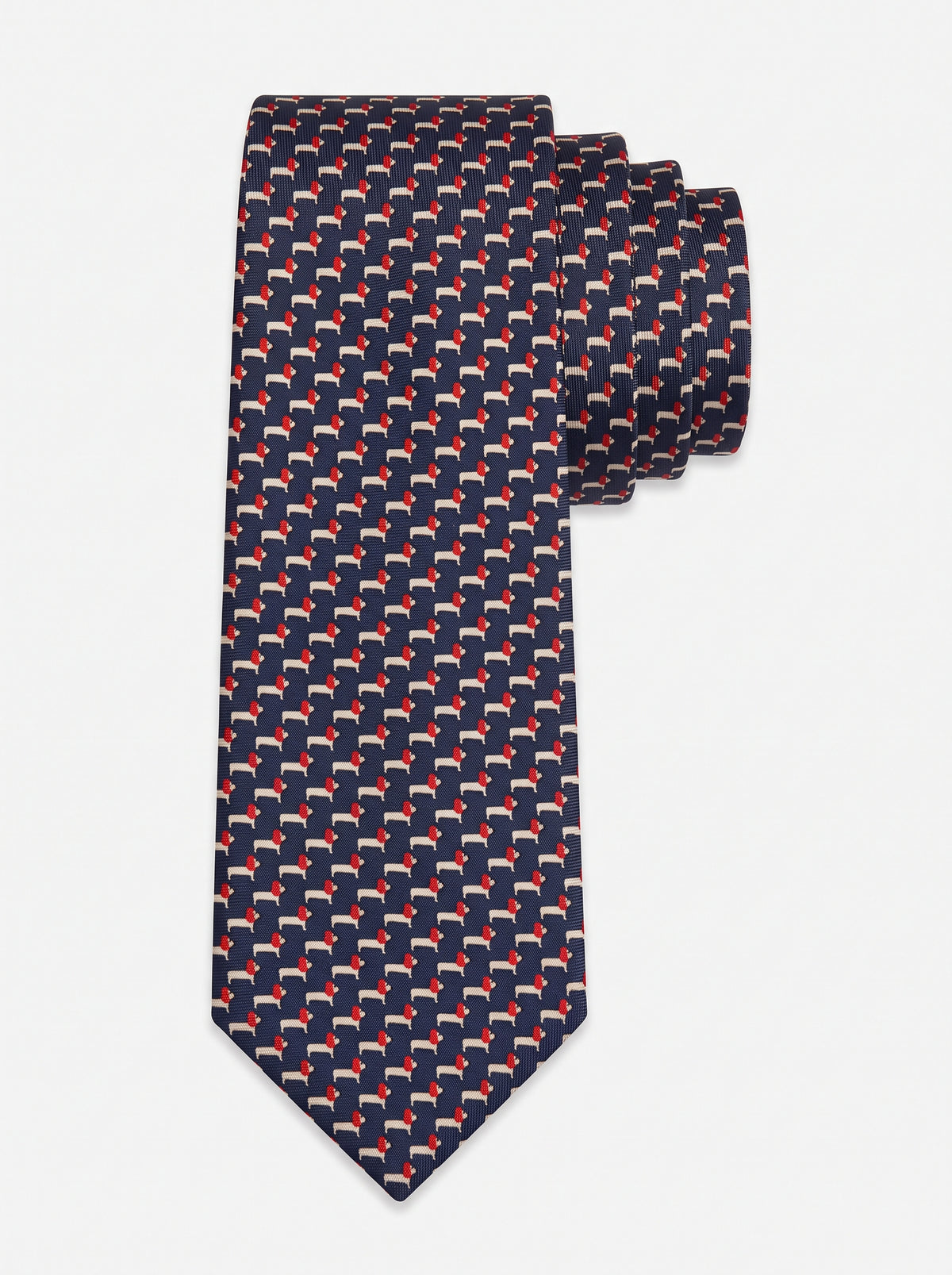 Corbata de seda azul con perros salchicha estampados, colección Manada de Mr Tie