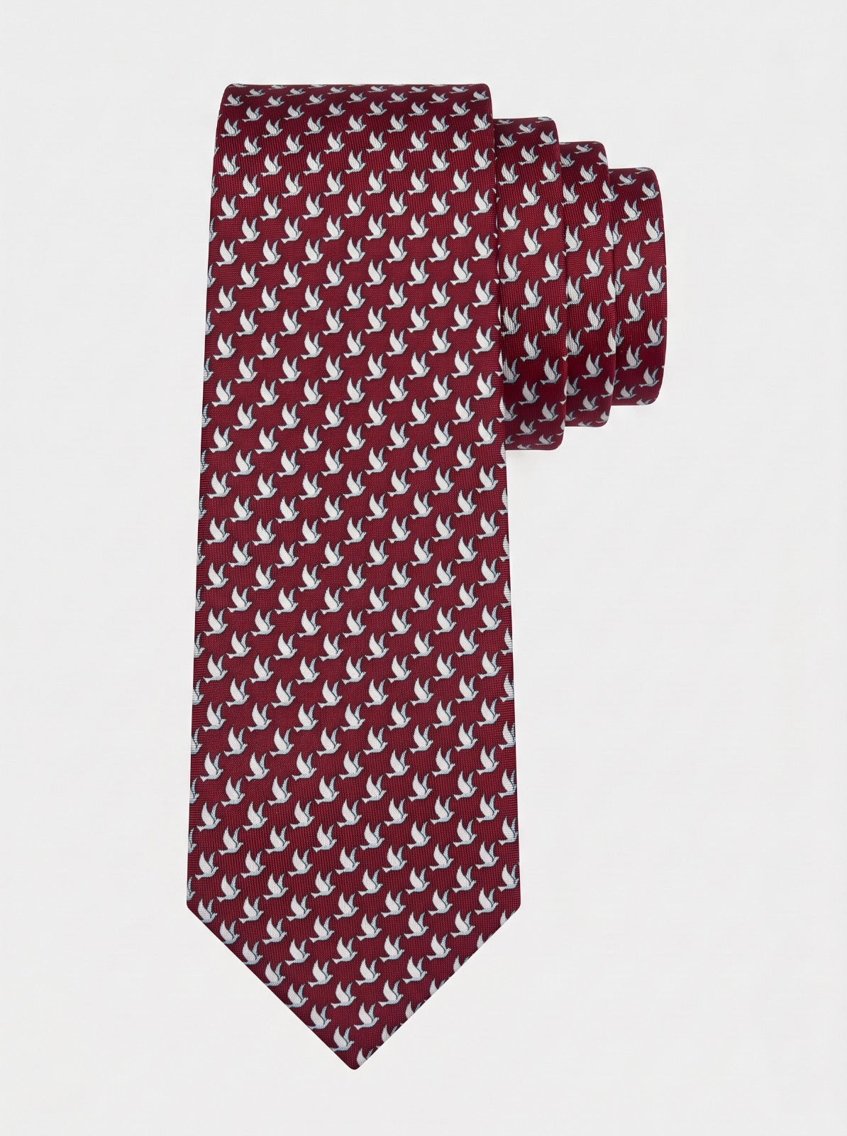 Corbata de seda vinotinto con palomas estampadas, colección Manada de Mr Tie